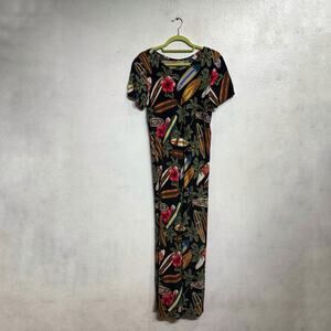 Hilo Hattie Black Floral Vintage Hawaiian Maxi Dress Sz L